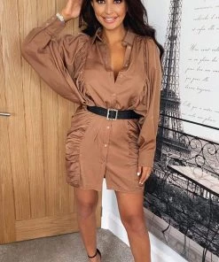AX Paris Dresses Camel Balloon Sleeve Ruched Shirt Dress