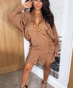 AX Paris Dresses Camel Balloon Sleeve Ruched Shirt Dress