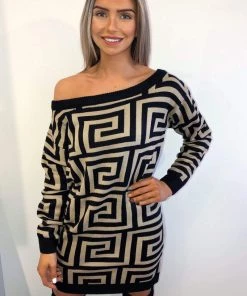 AX Paris Dresses Camel Geo Print Off The Shoulder Knitted Dress