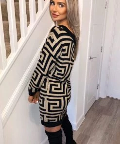 AX Paris Dresses Camel Geo Print Off The Shoulder Knitted Dress 7 AX Paris Dresses Camel Geo Print Off The Shoulder Knitted Dress