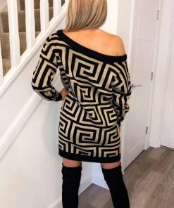 AX Paris Dresses Camel Geo Print Off The Shoulder Knitted Dress 8 AX Paris Dresses Camel Geo Print Off The Shoulder Knitted Dress