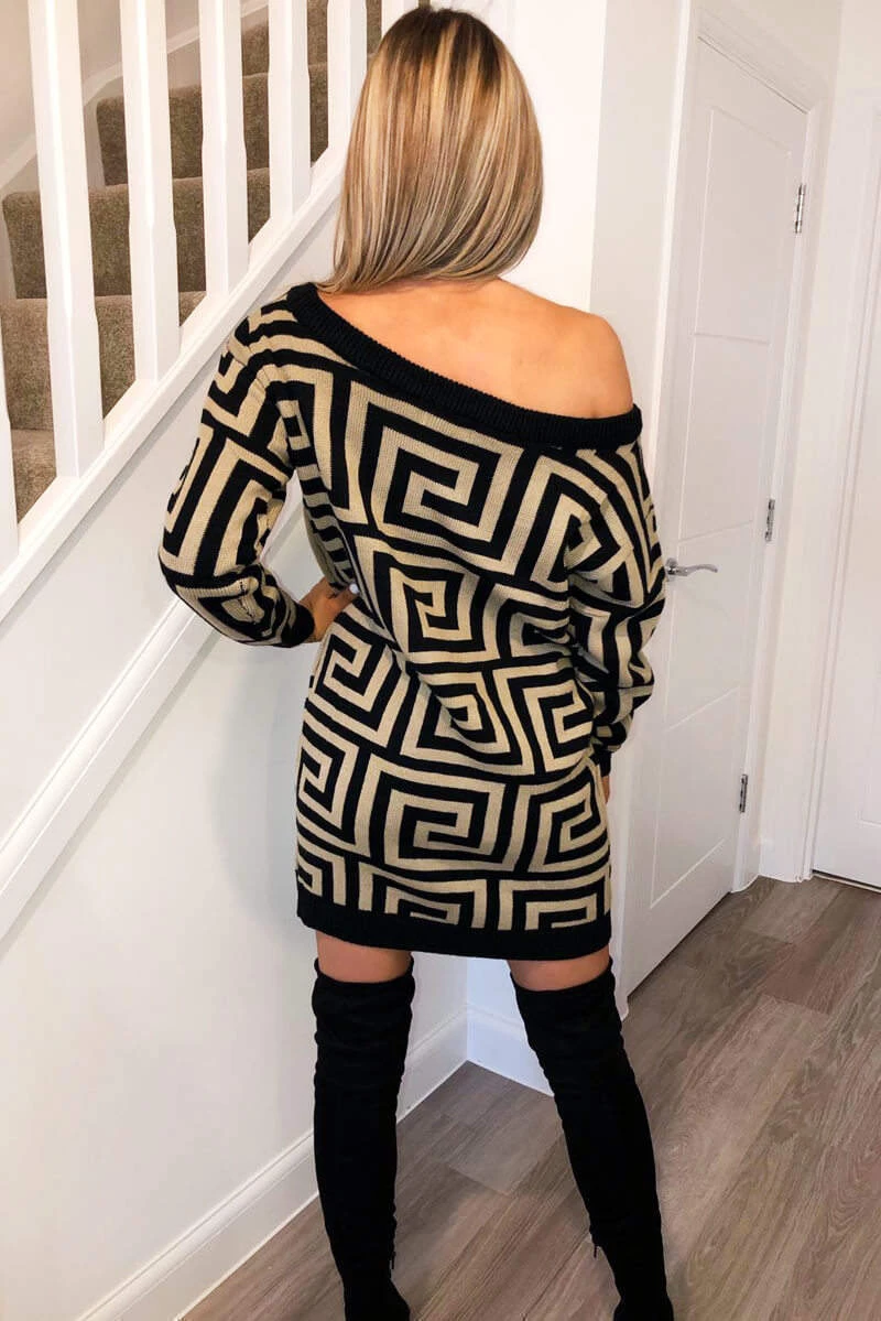 AX Paris Dresses Camel Geo Print Off The Shoulder Knitted Dress 4 AX Paris Dresses Camel Geo Print Off The Shoulder Knitted Dress