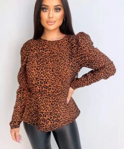 AX Paris Camel Leopard Print Peplum Top Tops
