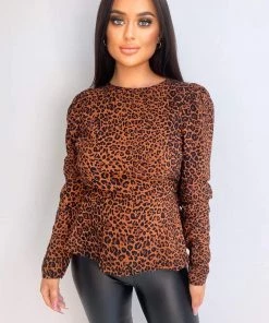 AX Paris Camel Leopard Print Peplum Top Tops