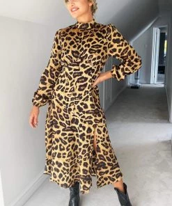 AX Paris Camel Leopard Print Silky High Neck Dress Dresses