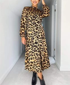 AX Paris Camel Leopard Print Silky High Neck Dress Dresses