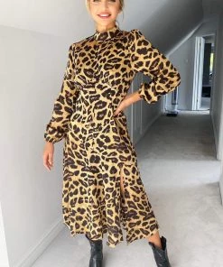 AX Paris Camel Leopard Print Silky High Neck Dress Dresses