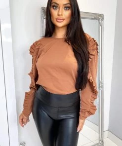 AX Paris Tops Camel Pleated Long Sleeve Top