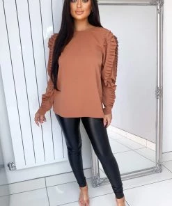 AX Paris Tops Camel Pleated Long Sleeve Top