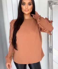 AX Paris Tops Camel Pleated Long Sleeve Top