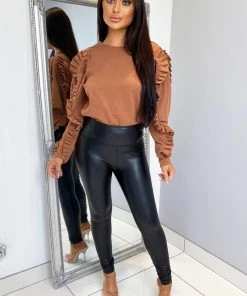 AX Paris Tops Camel Pleated Long Sleeve Top