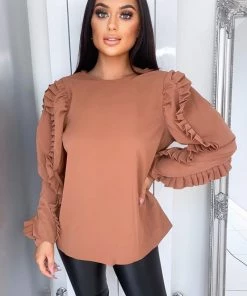 AX Paris Tops Camel Pleated Long Sleeve Top
