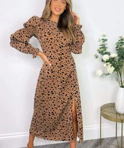 AX Paris Camel Spot Print Elasticated Sleeve Midi Dress