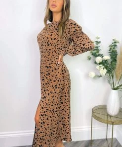 AX Paris Camel Spot Print Elasticated Sleeve Midi Dress