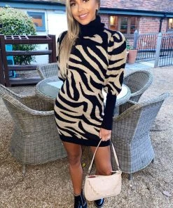 AX Paris Dresses Camel Zebra Print Puff Sleeve Knitted Dress