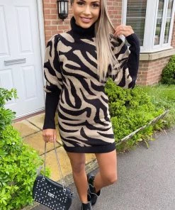 AX Paris Dresses Camel Zebra Print Puff Sleeve Knitted Dress