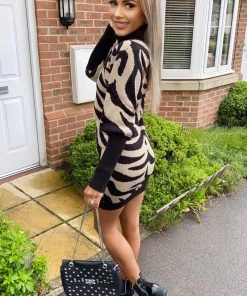 AX Paris Dresses Camel Zebra Print Puff Sleeve Knitted Dress