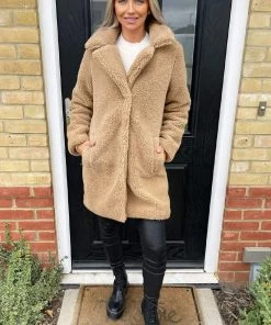 AX Paris Coats & Jackets Caramel Teddy Faux Fur Coat With Collar