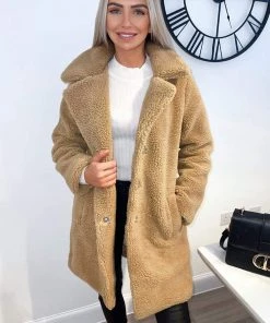 AX Paris Coats & Jackets Caramel Teddy Faux Fur Coat With Collar