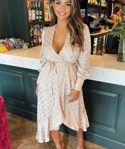 AX Paris Champagne Wrap Long Sleeve Midi Dress Dresses