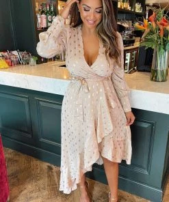 AX Paris Champagne Wrap Long Sleeve Midi Dress Dresses