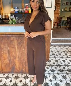AX Paris Chocolate Wrap Over Frill Sleeve Jumpsuit