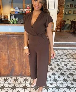 AX Paris Chocolate Wrap Over Frill Sleeve Jumpsuit