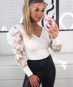 AX Paris Cream Embroidered Puff Sleeve Bodysuit Tops