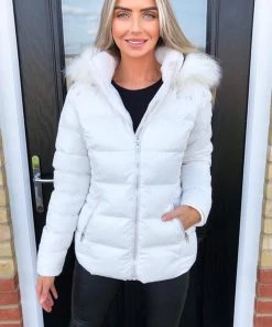 AX Paris Cream Faux Fur Wet Look Coat