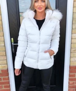 AX Paris Cream Faux Fur Wet Look Coat