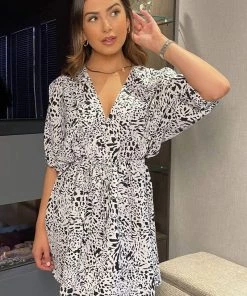 AX Paris Dresses Cream Multi Print Drawstring Waist Dress