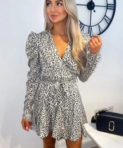 AX Paris Cream Printed Long Puff Sleeve Mini Dress
