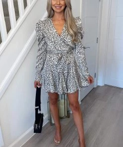 AX Paris Cream Printed Long Puff Sleeve Mini Dress