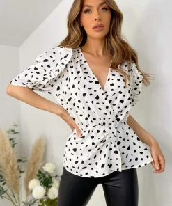 AX Paris Cream Printed Pleat Wrap Top Tops