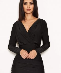 AX Paris Dresses Black Ruched Wrap Dress