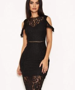 AX Paris Black Lace Cold Shoulder Midi Dress Dresses