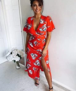 AX Paris Red Floral Print Bell Sleeve Midi Dress