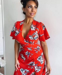 AX Paris Red Floral Print Bell Sleeve Midi Dress