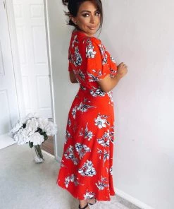 AX Paris Red Floral Print Bell Sleeve Midi Dress