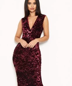 AX Paris Dresses Plum Sequin Velvet Midi Dress