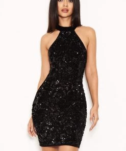 AX Paris Dresses Black Sequin Velvet High Neck Dress
