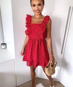 AX Paris Red Ditsy Floral Square Neck Frill Dress