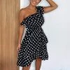AX Paris Black Polka Dot One Shoulder Frill Dress Dresses