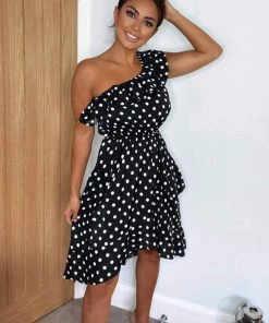 AX Paris Black Polka Dot One Shoulder Frill Dress Dresses