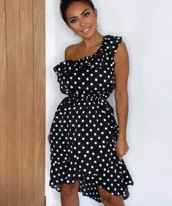 AX Paris Black Polka Dot One Shoulder Frill Dress Dresses