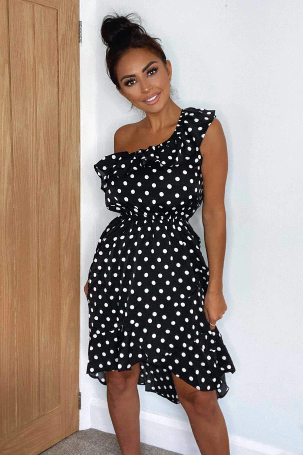 AX Paris Black Polka Dot One Shoulder Frill Dress Dresses 2 AX Paris Black Polka Dot One Shoulder Frill Dress Dresses