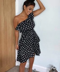 AX Paris Black Polka Dot One Shoulder Frill Dress Dresses 10 AX Paris Black Polka Dot One Shoulder Frill Dress Dresses