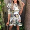 AX Paris Dresses Cream Tropical Print Puff Sleeve Skater Dress