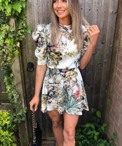 AX Paris Dresses Cream Tropical Print Puff Sleeve Skater Dress