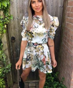 AX Paris Dresses Cream Tropical Print Puff Sleeve Skater Dress